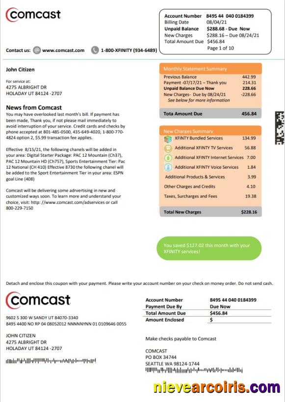 USA Utah Comcast utility bill version 2